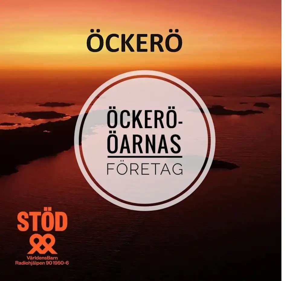 En solnedgång med texten "Öckerö-öarnas företag" på